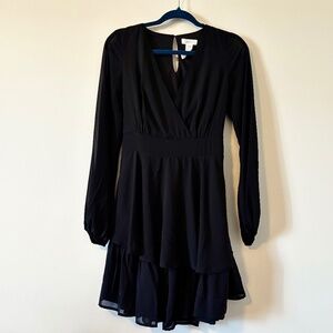 Japna Floral Long Sleeve Tiered Mini Dress – Black – Medium